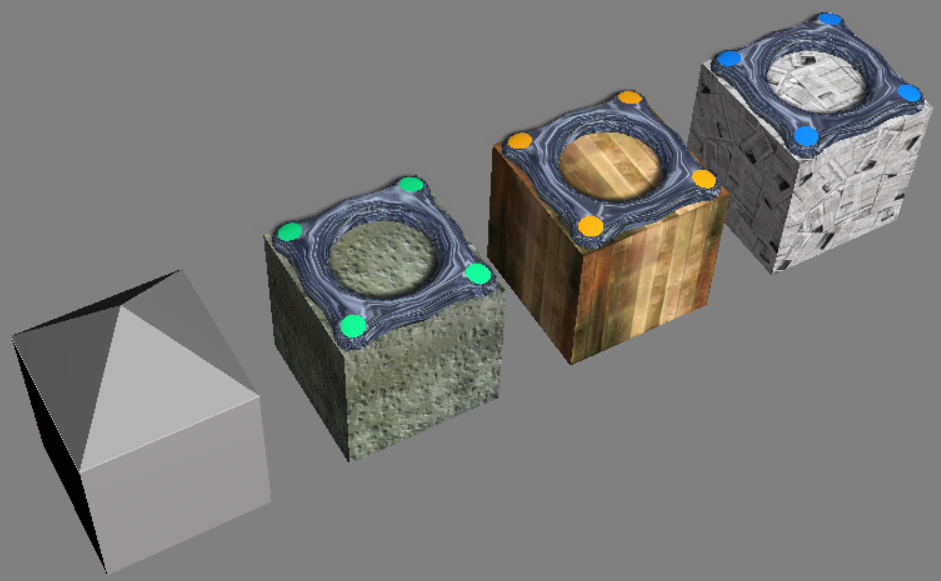 三种变球器在Virtools中渲染贴图后配备下方装饰路块的模样。左下方的则是其碰撞箱。